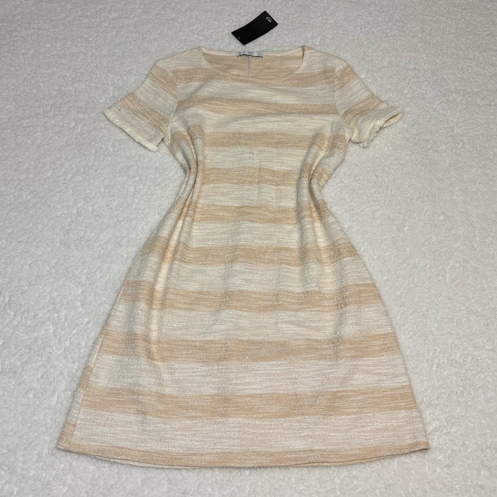 MANGO Women Beige Stripes Tweed T-shirt Mini Dress